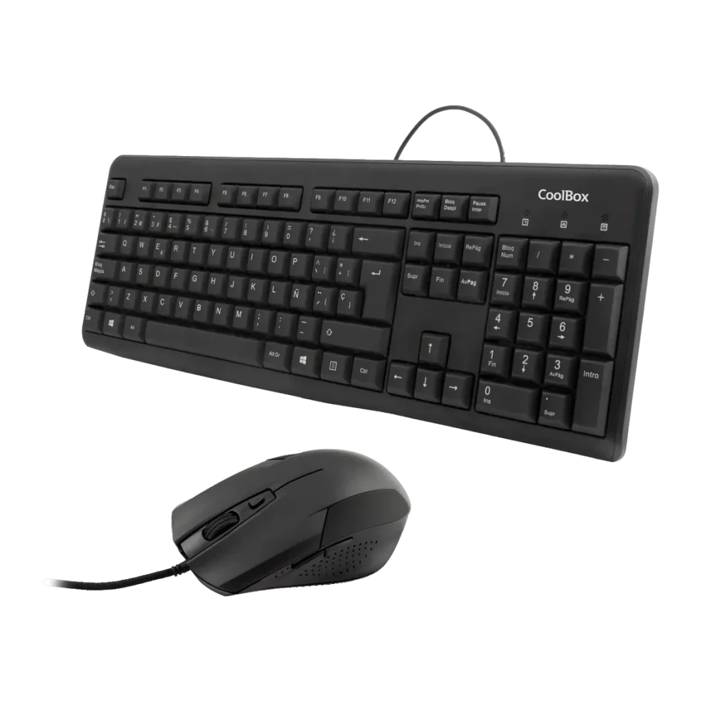 Combo CoolBox Kit Clavier + Souris USB 1600DPI Noir QWERTY, vue en perspective: clavier complet avec pavé numérique