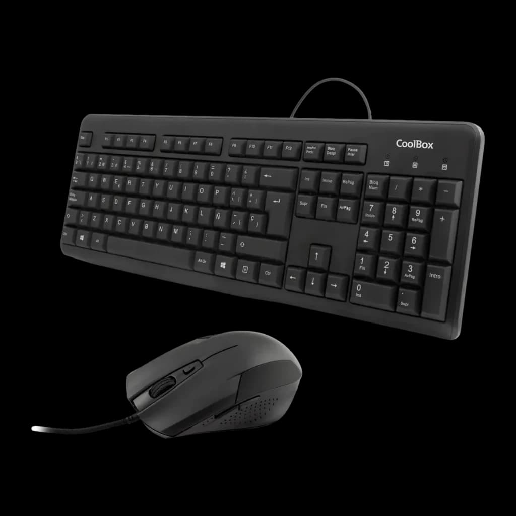 Combo CoolBox Kit Clavier + Souris USB 1600DPI Noir QWERTY, vue en perspective: clavier complet avec pavé numérique