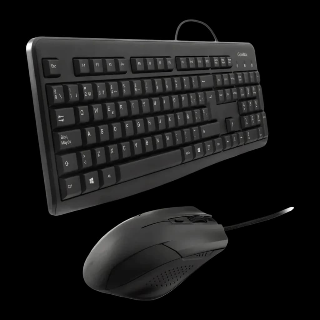 Combo CoolBox Kit Clavier + Souris USB 1600DPI Noir QWERTY, vue en perspective: clavier complet et souris filaire sur fond