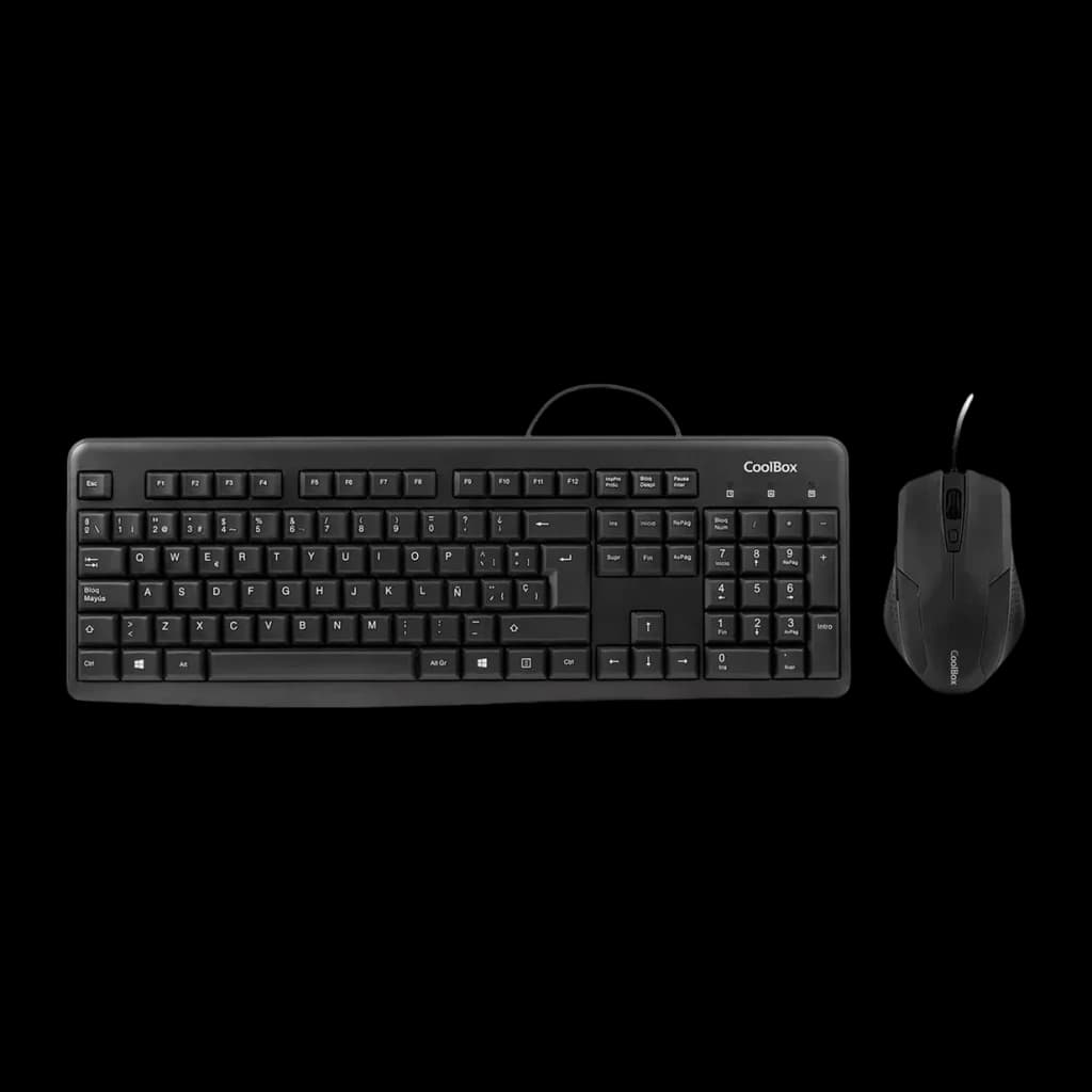 Combo CoolBox Kit Clavier + Souris USB 1600DPI Noir QWERTY, vue de dessus: clavier et souris filaires sur fond noir