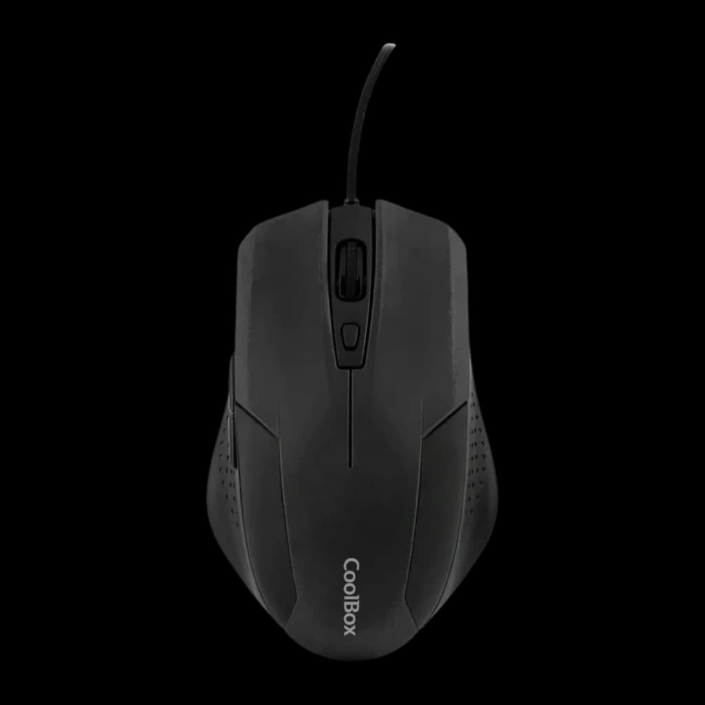Combo CoolBox Kit Clavier + Souris USB 1600DPI Noir QWERTY, vue dessus: souris noire avec molette centrale, bouton DPI