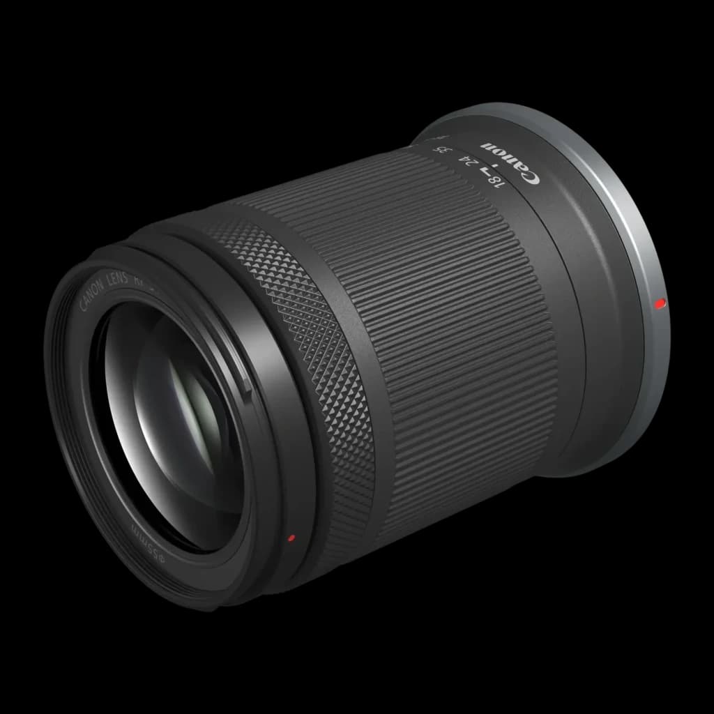 Objetivo fotográfico Canon RF-S 18-150mm IS STM Negro APS-C F3.5-6.3, vista en ángulo: cuerpo cilíndrico con anillo zoom