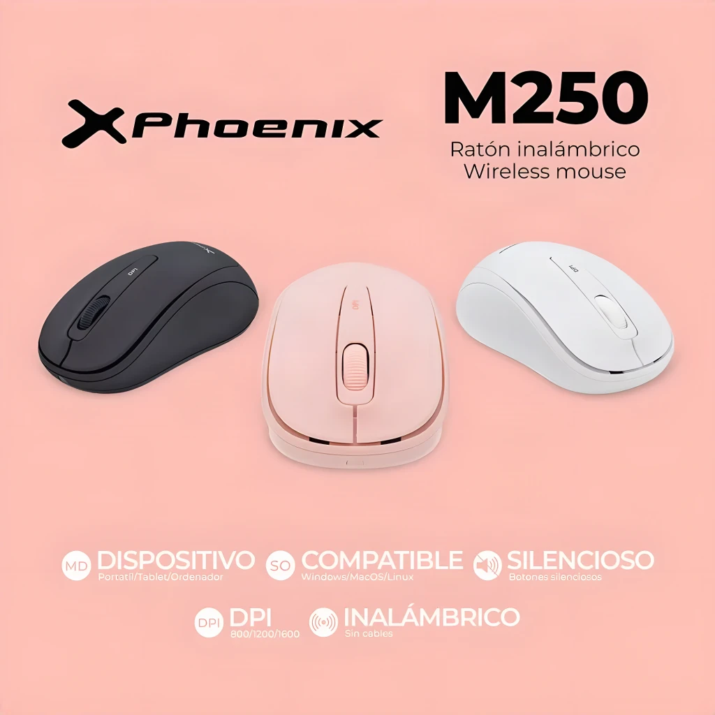 Ratón inalámbrico Phoenix Technologies M250 Rosa Silent Click Ambidiestro, comparativa: tres colores negro, rosa y blanco
