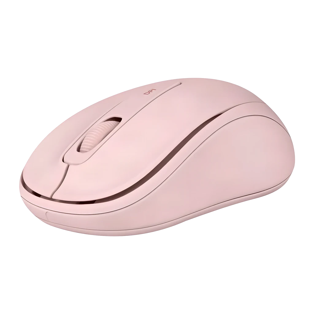Ratón inalámbrico Phoenix Technologies M250 Rosa Silent Click Ambidiestro, vista lateral: perfil 3/4 con rueda y botón DPI