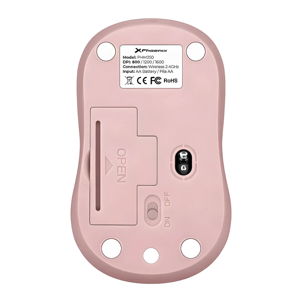 Ratón inalámbrico Phoenix Technologies M250 Rosa Silent Click Ambidiestro, vista inferior: sensor óptico, interruptor ON/OFF