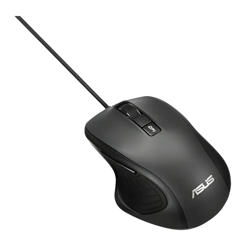 Ratón ASUS UX300 Pro Negro Con cable Ergonómico, vista superior en ángulo: rueda, botón DPI y cable trenzado visibles