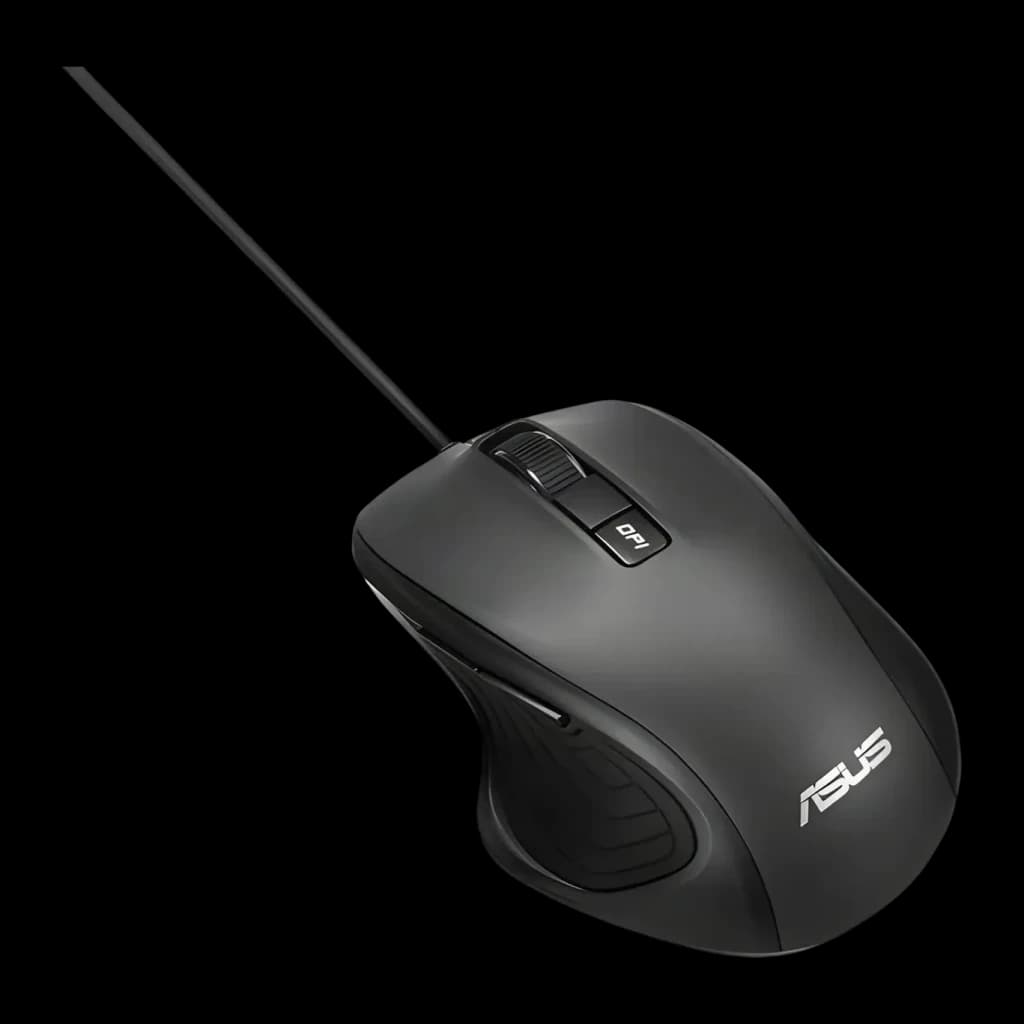 Ratón ASUS UX300 Pro Negro Con cable Ergonómico, vista superior en ángulo: rueda, botón DPI y cable trenzado visibles