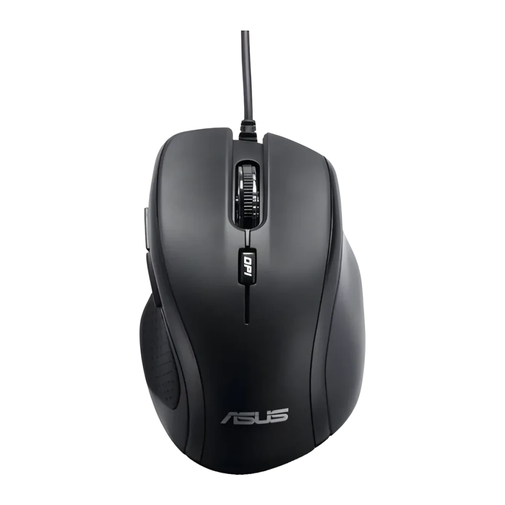 Ratón ASUS UX300 Pro Negro Con cable Ergonómico, vista superior: rueda de scroll, botón DPI y logo ASUS visibles