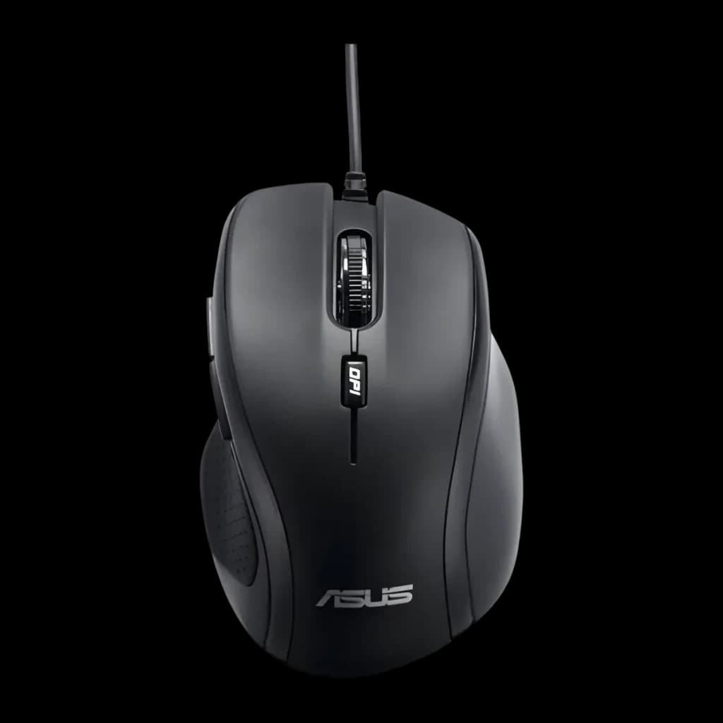 Ratón ASUS UX300 Pro Negro Con cable Ergonómico, vista superior: rueda de scroll, botón DPI y logo ASUS visibles