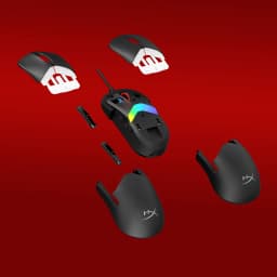 Souris Gaming HyperX Pulsefire Saga 3200 DPI RGB Noir, vue éclatée: coques interchangeables et éclairage RGB déployés