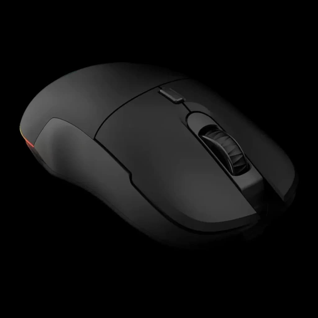 Souris Gaming Krom Komet Sans Fil 2400 DPI RGB Noir, vue latérale: profil droit, molette centrale et éclairage RGB orange