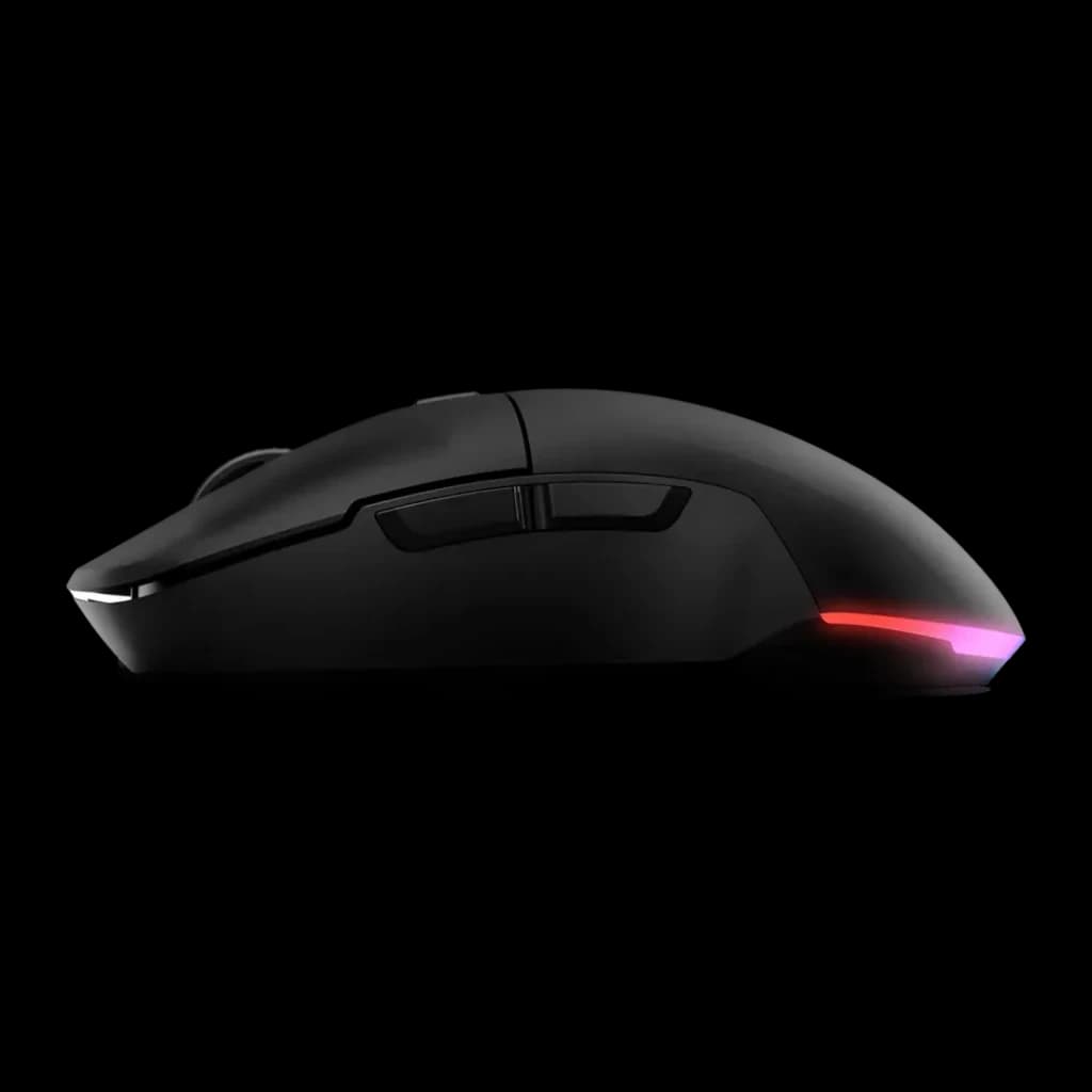 Souris Gaming Krom Komet Sans Fil 2400 DPI RGB Noir, vue latérale: profil ergonomique avec éclairage RGB rouge et rose à