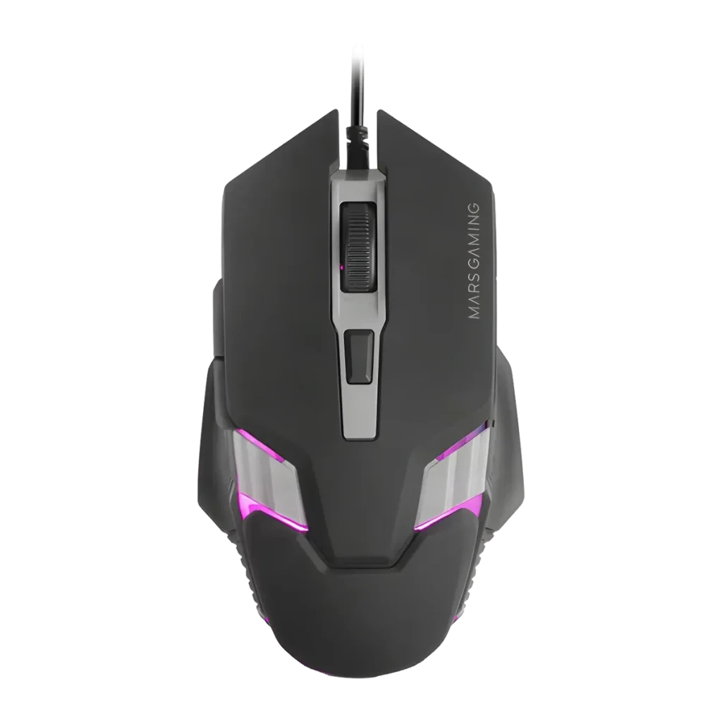 Souris Gaming Mars Gaming MM024 RGB Flow Filaire USB 4000 DPI Noir, vue dessus: éclairage RGB rose sur les flancs et molette