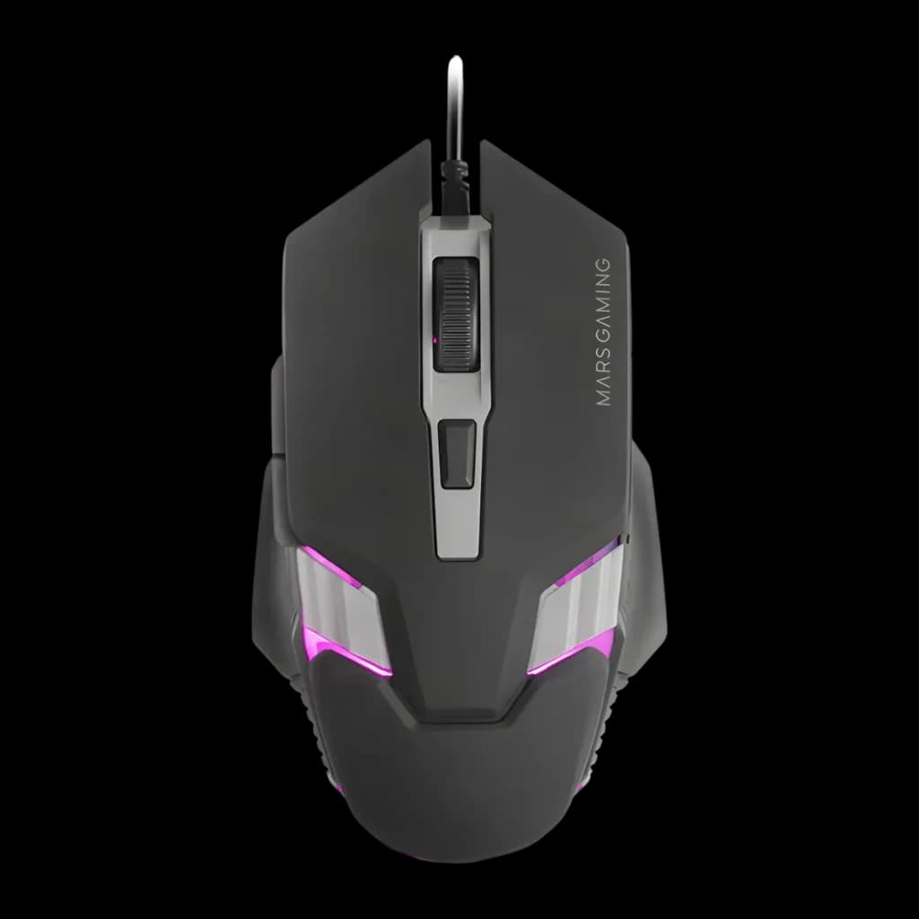 Souris Gaming Mars Gaming MM024 RGB Flow Filaire USB 4000 DPI Noir, vue dessus: éclairage RGB rose sur les flancs et molette