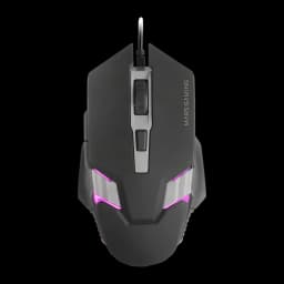 Souris Gaming Mars Gaming MM024 RGB Flow Filaire USB 4000 DPI Noir, vue dessus: éclairage RGB rose sur les flancs et molette