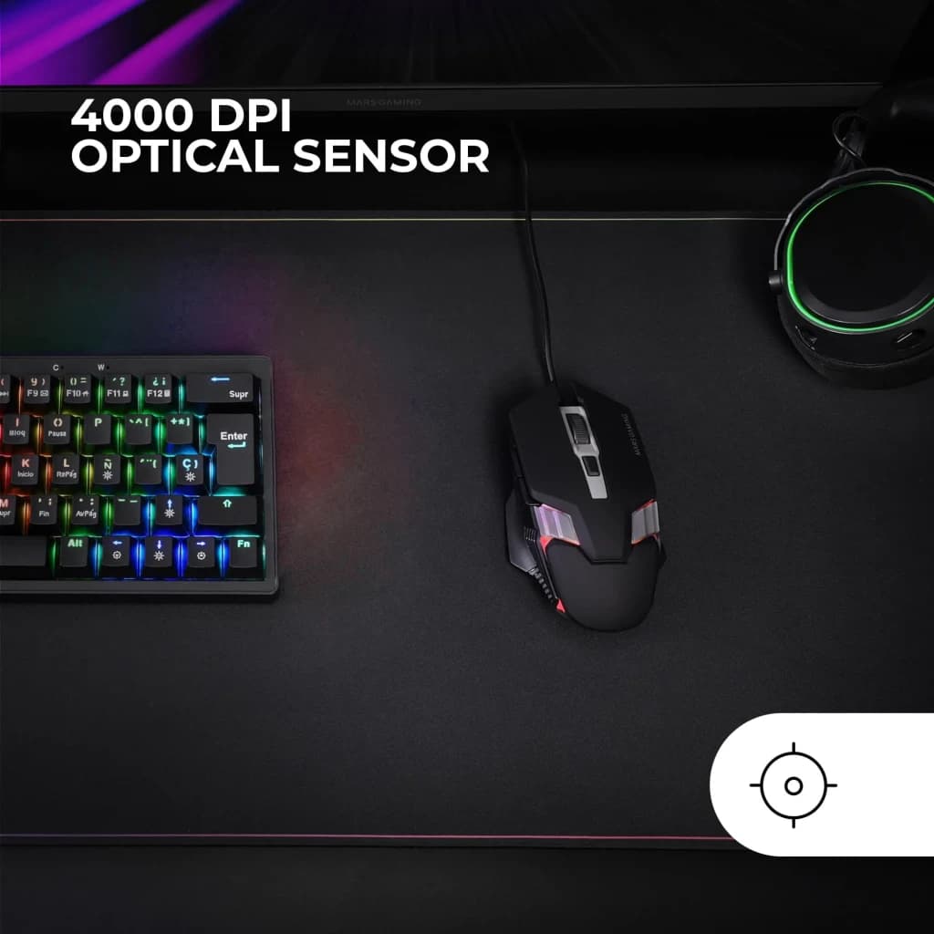 Souris Gaming Mars Gaming MM024 RGB Flow Filaire USB 4000 DPI Noir, vue dessus en setup: souris RGB éclairée sur bureau