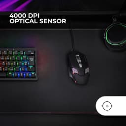 Souris Gaming Mars Gaming MM024 RGB Flow Filaire USB 4000 DPI Noir, vue dessus en setup: souris RGB éclairée sur bureau