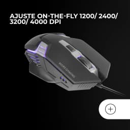 Souris Gaming Mars Gaming MM024 RGB Flow Filaire USB 4000 DPI Noir, vue 3/4 dessus: éclairage RGB bleu-violet sur les flancs