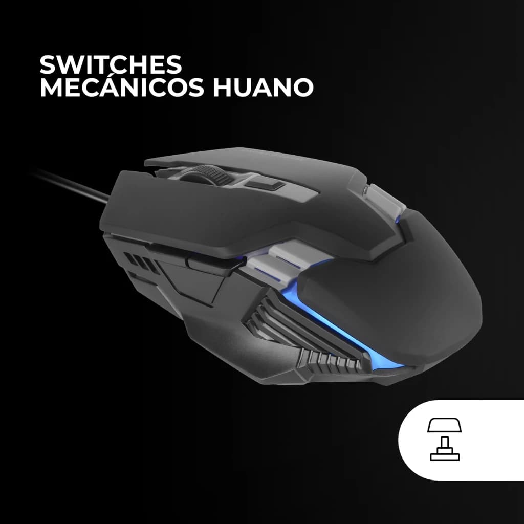 Souris Gaming Mars Gaming MM024 RGB Flow Filaire USB 4000 DPI Noir, vue latérale: éclairage RGB bleu et switches mécaniques