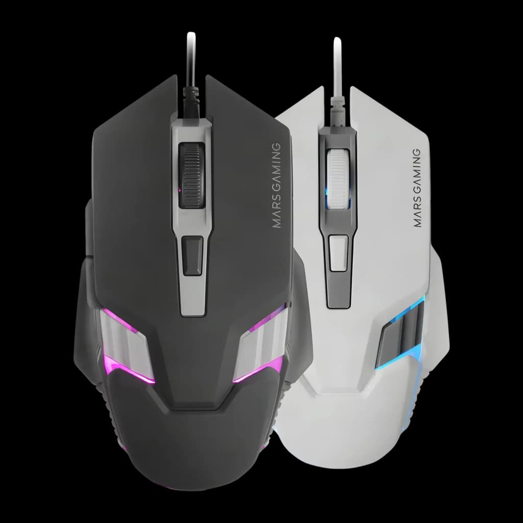 Souris Gaming Mars Gaming MM024 RGB Flow Filaire USB 4000 DPI Noir, vue dessus: modèle noir avec RGB rose aux côtés