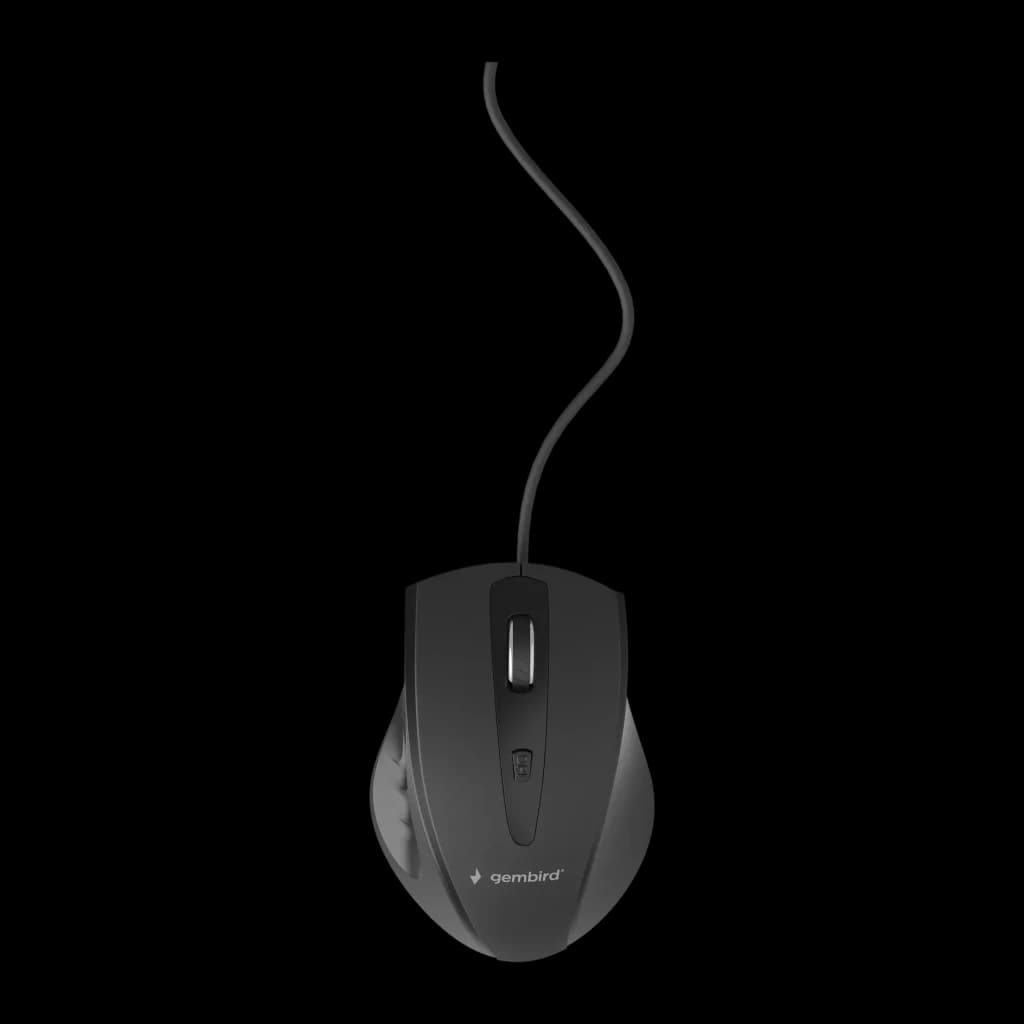 Ratón Gembird Negro Con cable USB Ergonómico MUS-4B-02, vista superior: rueda central, botón DPI y logo Gembird visibles