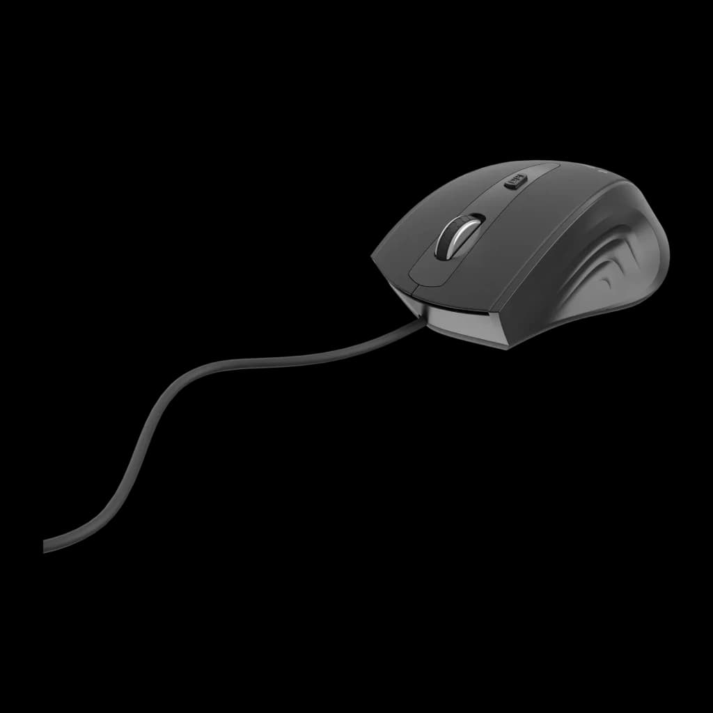 Ratón Gembird Negro Con cable USB Ergonómico MUS-4B-02, vista lateral: perfil derecho con rueda plateada y cable negro