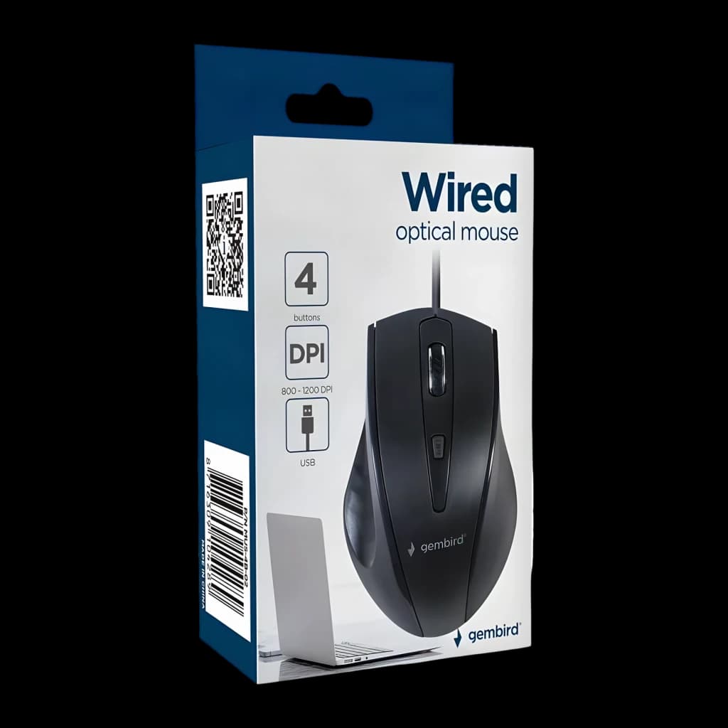 Ratón Gembird Negro Con cable USB Ergonómico MUS-4B-02, caja: packaging frontal con especificaciones 4 botones y 800-1200 DPI