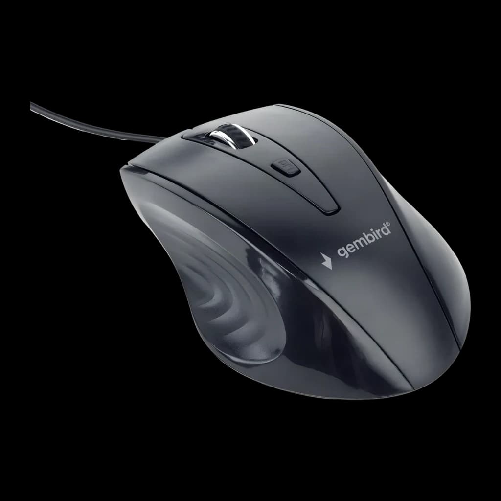 Ratón Gembird Negro Con cable USB Ergonómico MUS-4B-02, vista lateral: perfil derecho con rueda plateada y reposapalmas