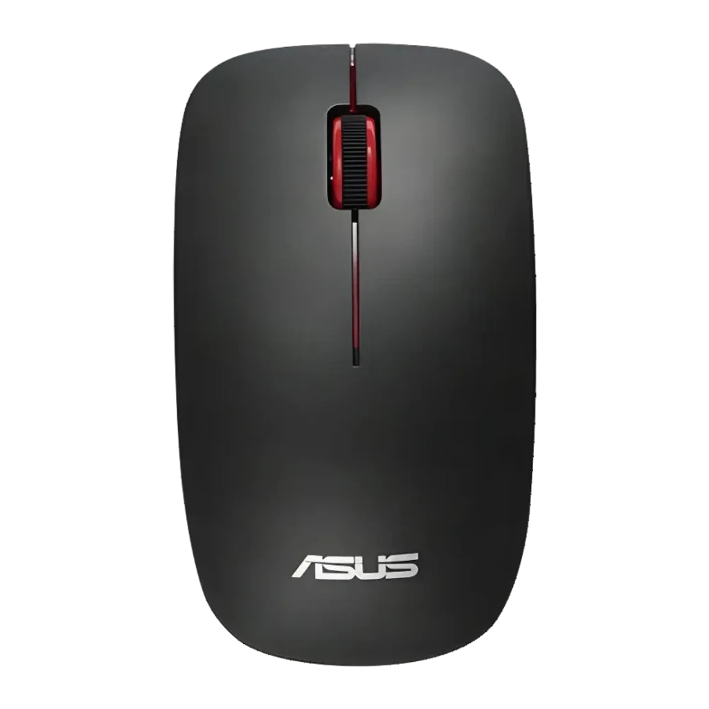 Ratón ASUS WT300 Negro Inalámbrico, vista superior: rueda roja, cuerpo gris mate y logo ASUS blanco