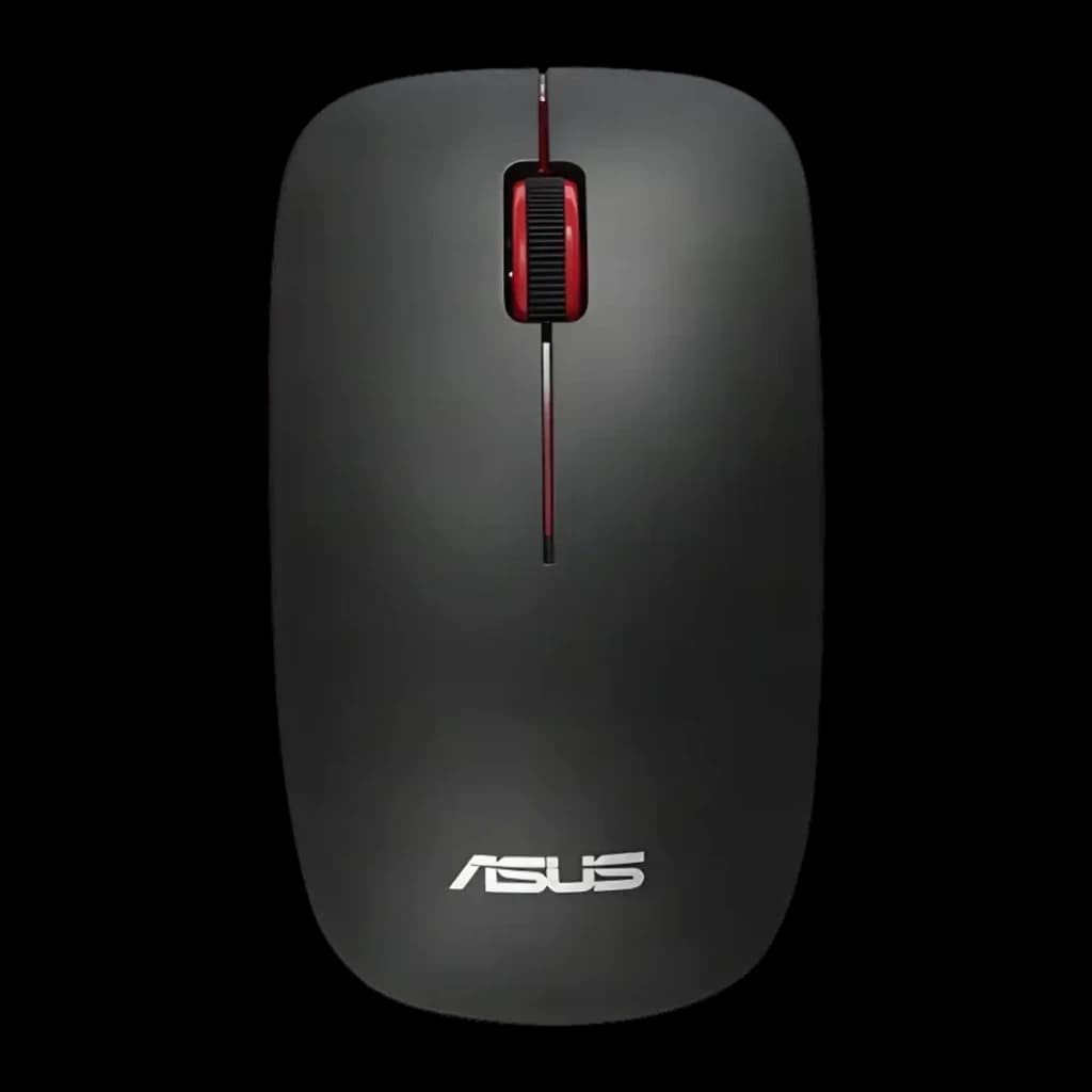 Ratón ASUS WT300 Negro Inalámbrico, vista superior: rueda roja, cuerpo gris mate y logo ASUS blanco