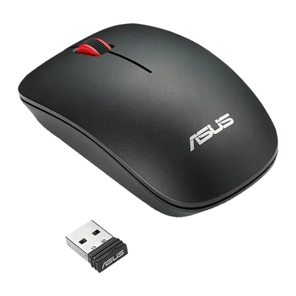 Ratón ASUS WT300 Negro Inalámbrico, vista superior: rueda roja, logo ASUS y nano receptor USB sobre fondo oscuro