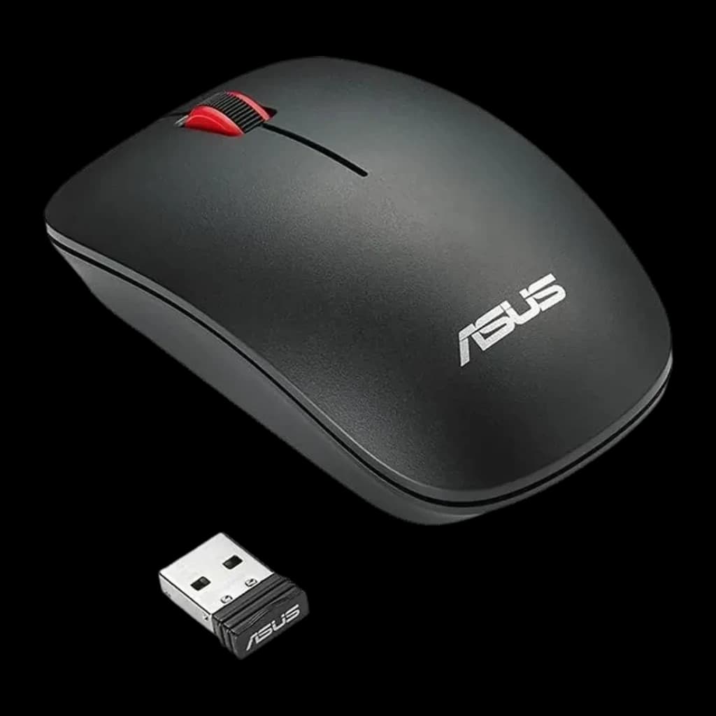 Ratón ASUS WT300 Negro Inalámbrico, vista superior: rueda roja, logo ASUS y nano receptor USB sobre fondo oscuro