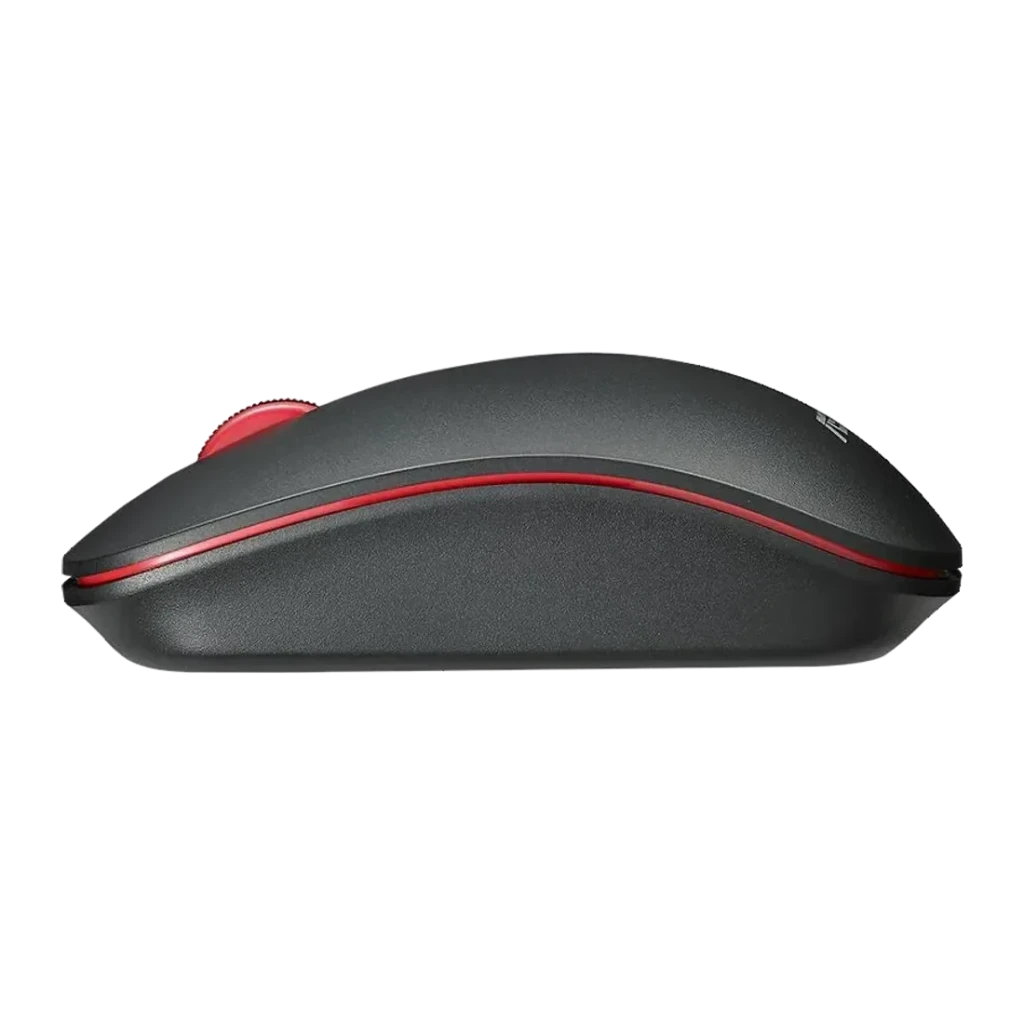 Ratón ASUS WT300 Negro Inalámbrico, vista lateral: perfil con franja roja y rueda de desplazamiento roja