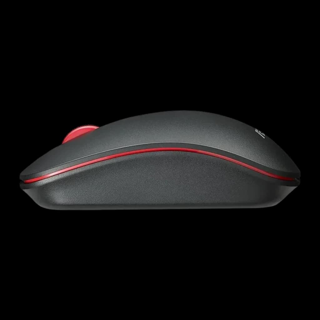 Ratón ASUS WT300 Negro Inalámbrico, vista lateral: perfil con franja roja y rueda de desplazamiento roja