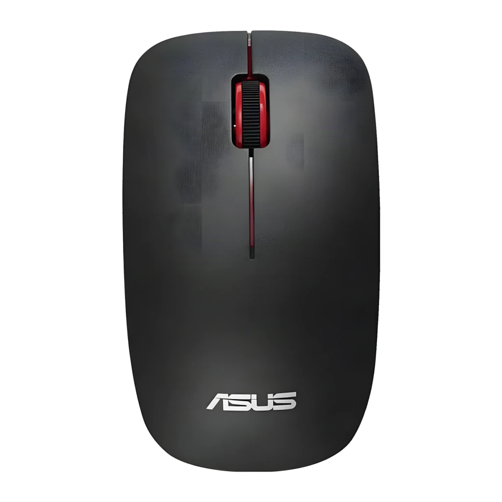 Ratón ASUS WT300 Negro Inalámbrico, vista superior: rueda roja, logo ASUS y superficie mate sobre fondo oscuro