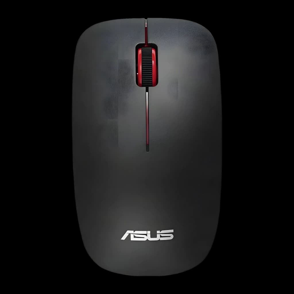 Ratón ASUS WT300 Negro Inalámbrico, vista superior: rueda roja, logo ASUS y superficie mate sobre fondo oscuro