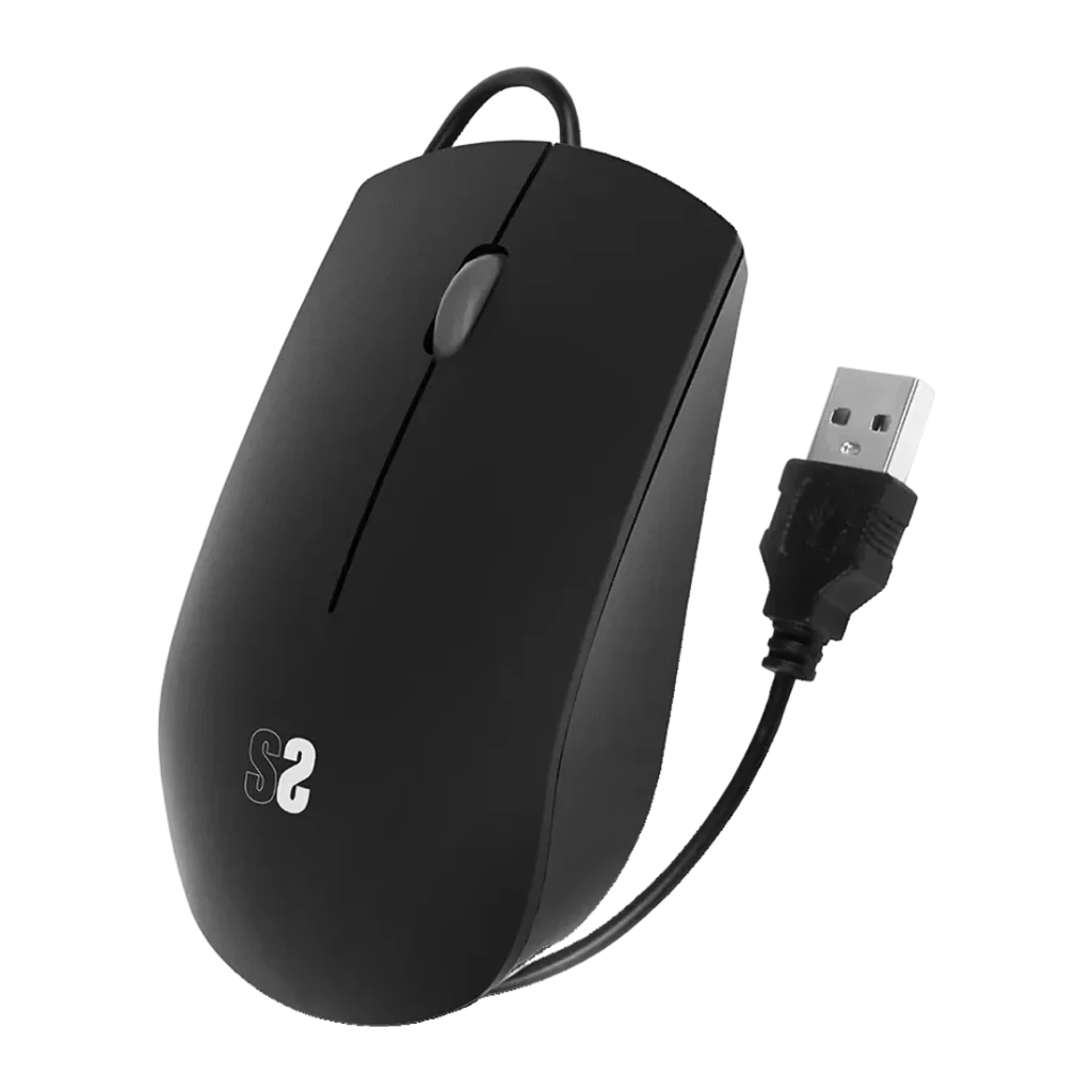 Ratón SUBBLIM Business Silencioso Negro Ergonómico, vista lateral: perfil ergonómico, rueda central, logo S y cable USB