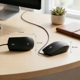 Ratón SUBBLIM Business Silencioso Negro Ergonómico, dimensiones: vistas lateral y frontal sobre escritorio con cotas
