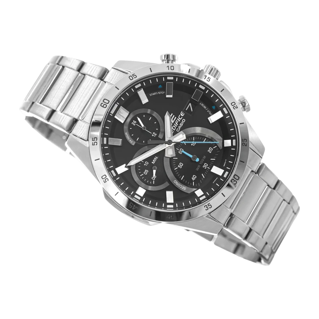 Casio Edifice EFR-571D-1AV Prata Preto Cronógrafo Analógico Bateria 3 anos 100m, detalhe: mostrador preto com três subdials