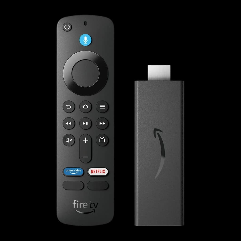 Leitor Multimédia Amazon Fire TV Stick HD 1080p 60fps, vista frontal: comando com botão Alexa, teclas Prime Video e Netflix
