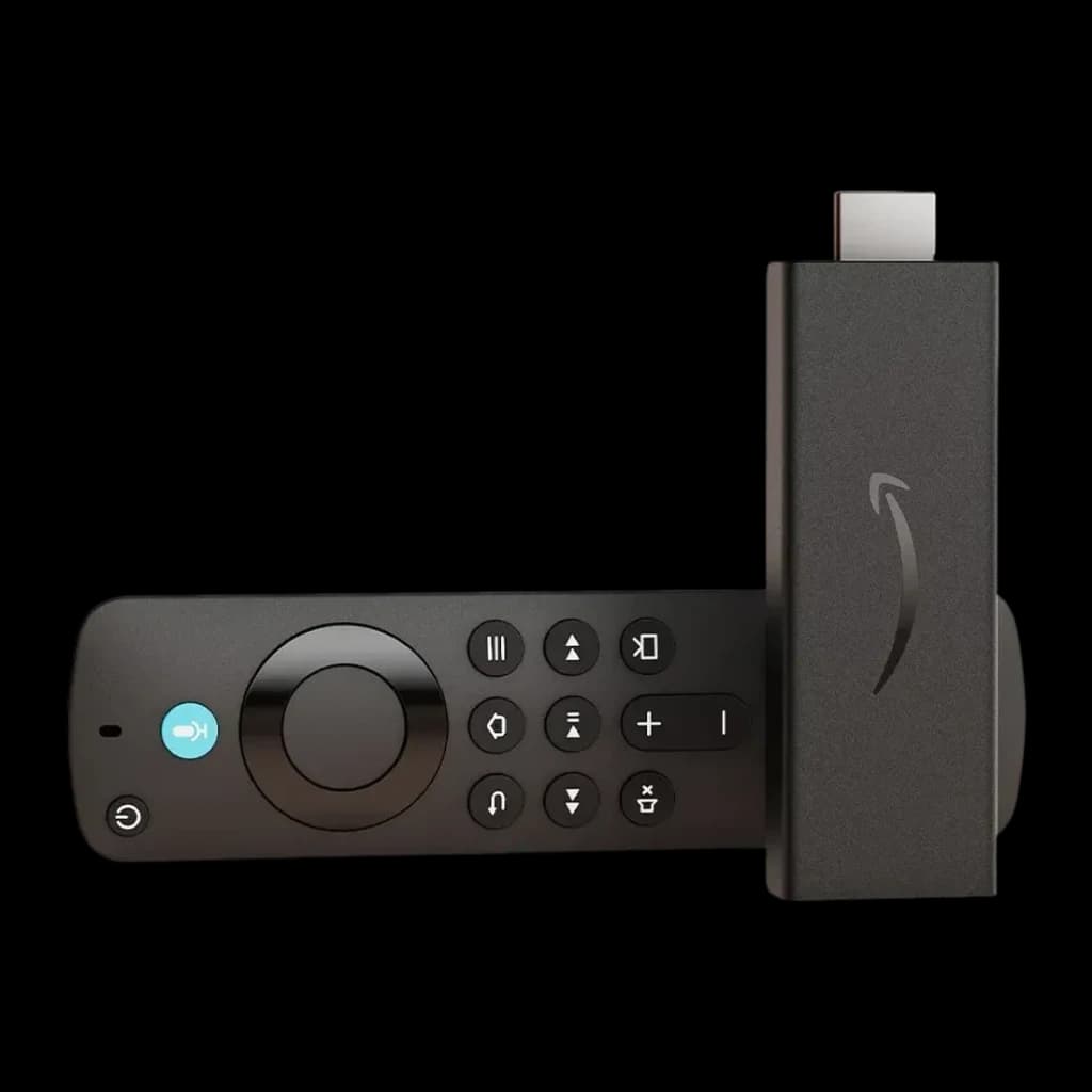 Leitor Multimédia Amazon Fire TV Stick HD 1080p 60fps, detalhe: stick com conector HDMI e comando Alexa com botão de voz azul