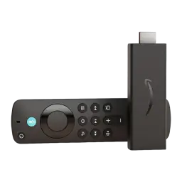 Leitor Multimédia Amazon Fire TV Stick HD 1080p 60fps, detalhe: stick com conector HDMI e comando Alexa com botão de voz azul