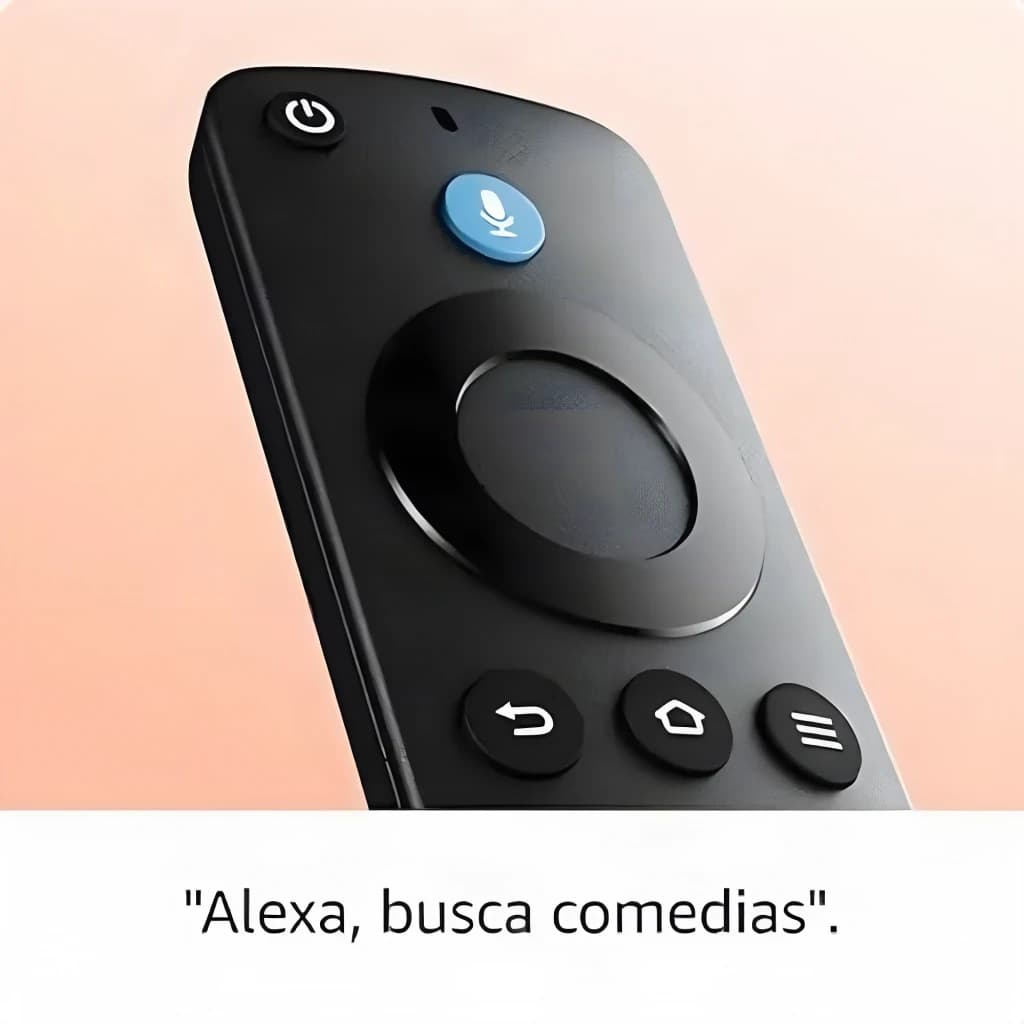 Leitor Multimédia Amazon Fire TV Stick HD 1080p 60fps, detalhe comando: botão Alexa azul, roda de navegação e teclas início