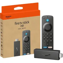 Leitor Multimédia Amazon Fire TV Stick HD 1080p 60fps, conteúdo da caixa: embalagem laranja, stick HDMI e comando de voz