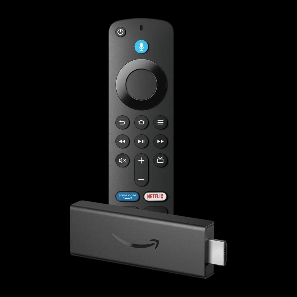 Leitor Multimédia Amazon Fire TV Stick HD 1080p 60fps, detalhe: stick HDMI e comando com botão Alexa, Prime Video e Netflix