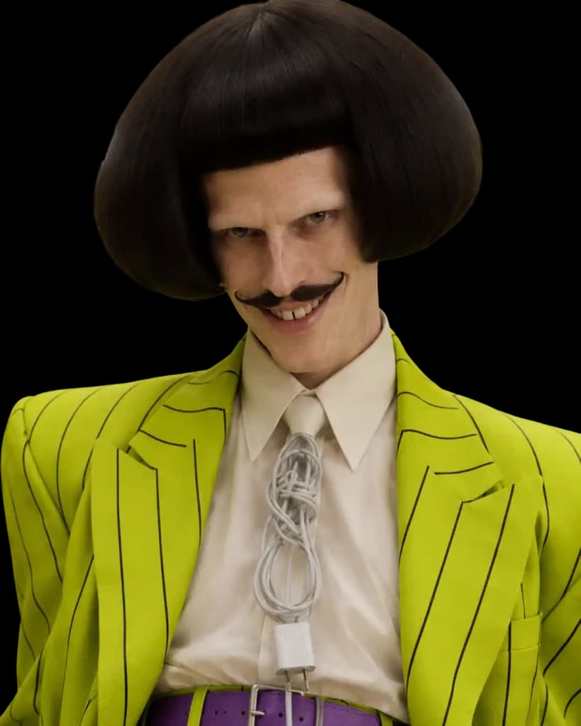 Raputin, el Encargado de las PowerRooms con traje verde lima a rayas, peinado bob oscuro, bigote fino y cable blanco anudado como corbata
