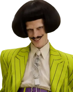 Raputin, el Encargado de las PowerRooms con traje verde lima a rayas, peinado bob oscuro, bigote fino y cable blanco anudado como corbata