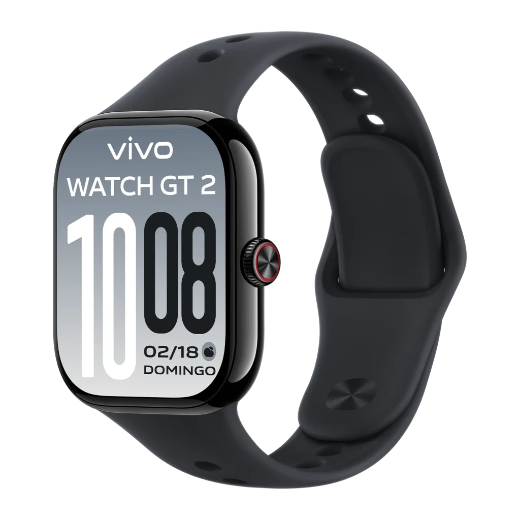 Vivo Watch GT 2 Negro NFC GPS y Llamadas Monitor de Salud SpO2, vista frontal: pantalla con hora 10:08, corona roja lateral
