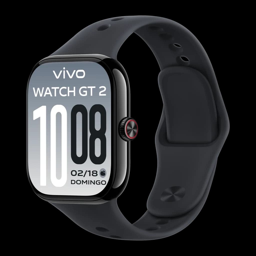 Vivo Watch GT 2 Negro NFC GPS y Llamadas Monitor de Salud SpO2, vista frontal: pantalla con hora 10:08, corona roja lateral