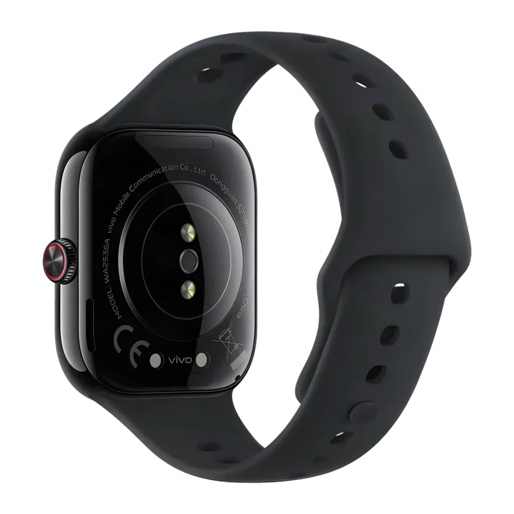 Vivo Watch GT 2 Negro NFC GPS y Llamadas Monitor de Salud SpO2, vista trasera: sensores ópticos, corona roja y correa